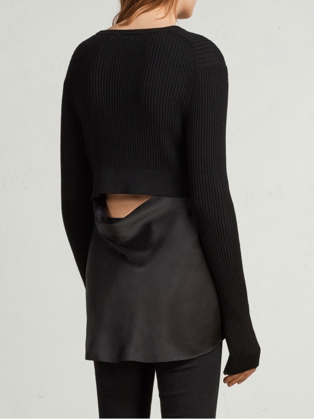 All Saints Taya Satin Hem Ribbed Open Back Layered Look Sweater Black Medium - Picture 2 of 8